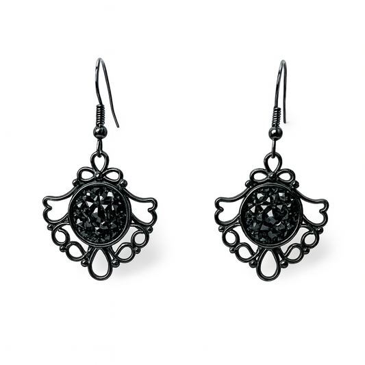 Gothic filigree dangle earrings, alternate angle
