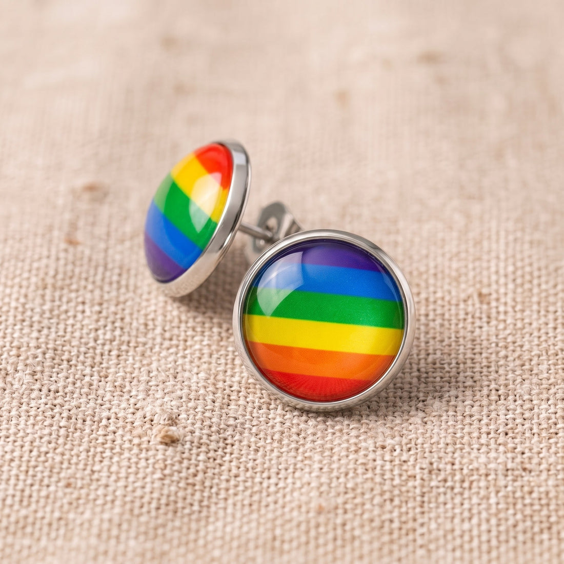 Rainbow glass dome silver stud earrings, handmade