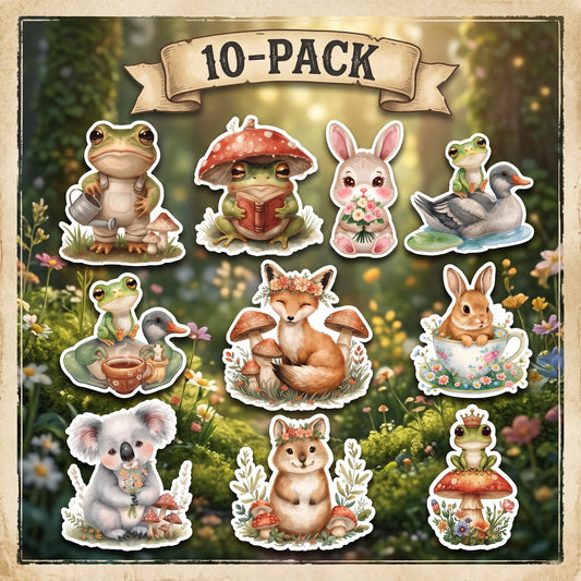 Cottagecore sticker 10-pack, woodland vinyl decal bundle