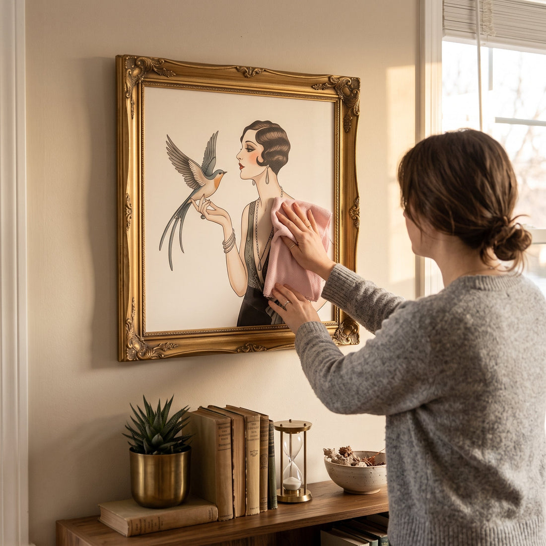 Gently dusting a framed vintage-glamour canvas print in a warm living room