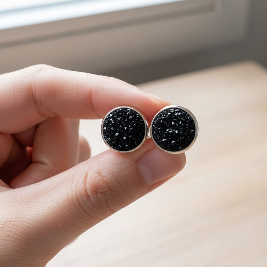 Black cluster resin stud earrings, alternate angle