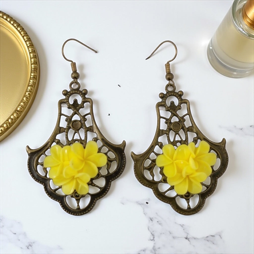 Antique bronze floral drop earrings, alternate angle
