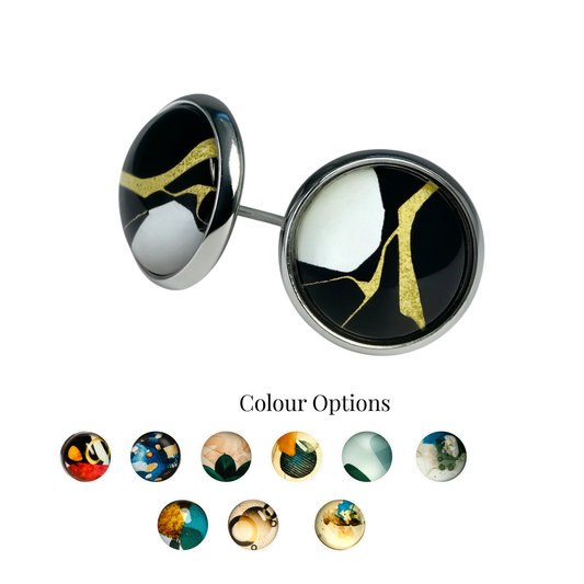 Geometric Glass Cabochon Stud Earrings 12mm | Colourful Artwork Design Silver Plated