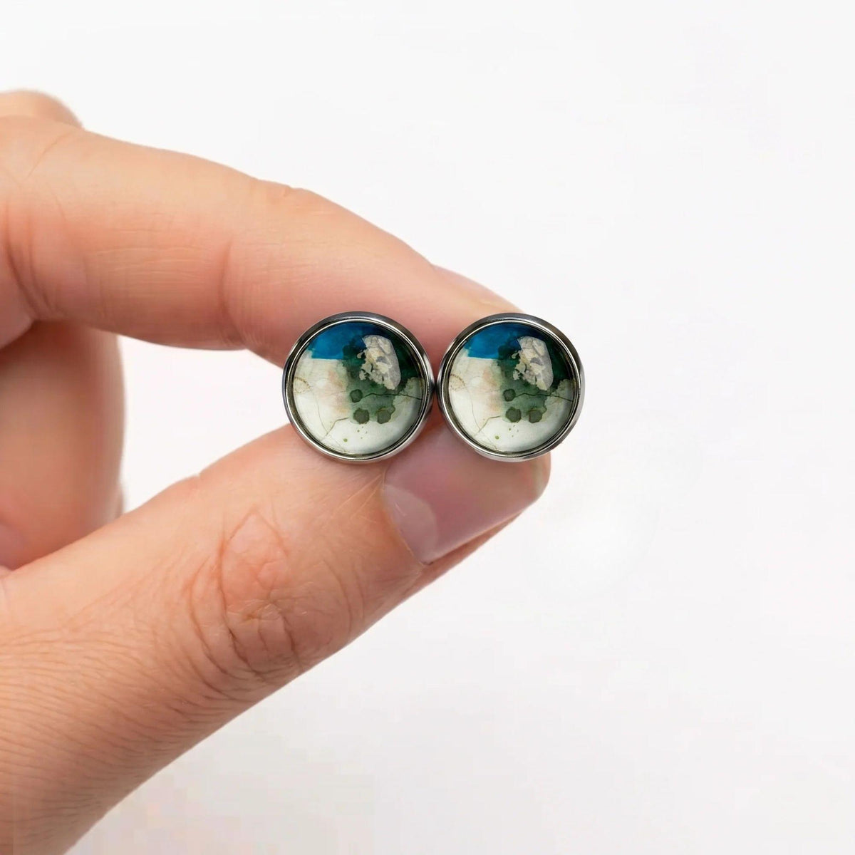 Geometric Print Stud Earrings | Colourful Glass Cabochon Studs | 12mm