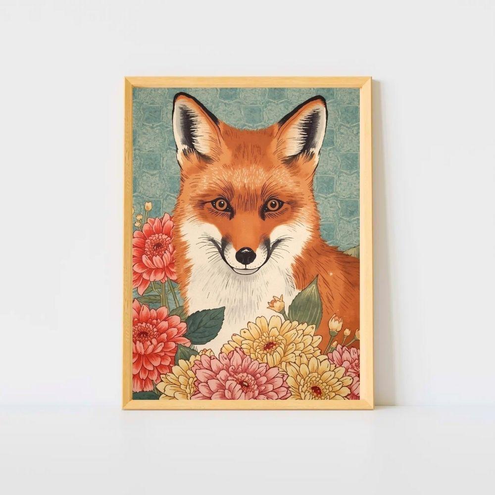 Floral Fox – Japanese Ukiyo-e Inspired Canvas Wall Art Print