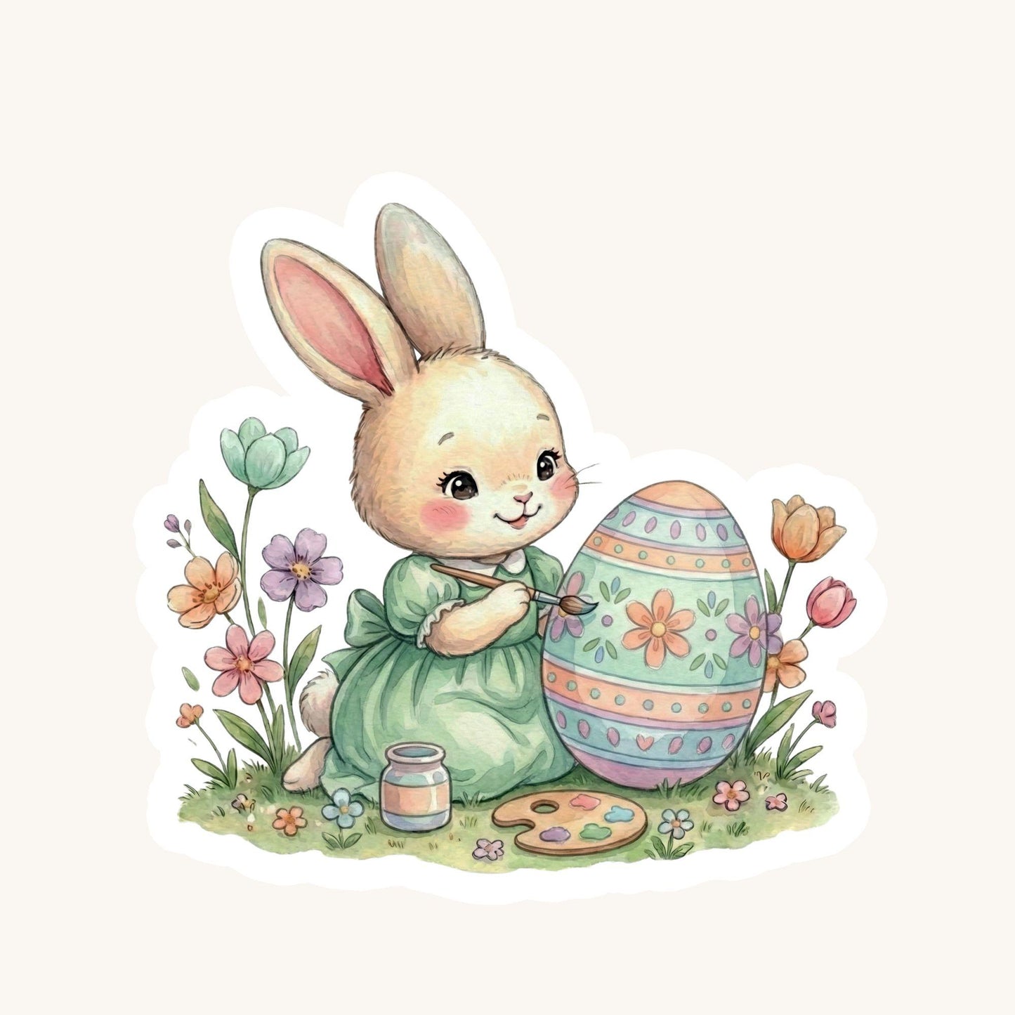 Easter Bunny Painting Spring Floral | Easter Decal | White Vinyl | Die-Cut Sticker