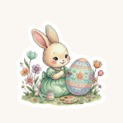 Easter Bunny Painting Spring Floral | Easter Decal | White Vinyl | Die-Cut Sticker