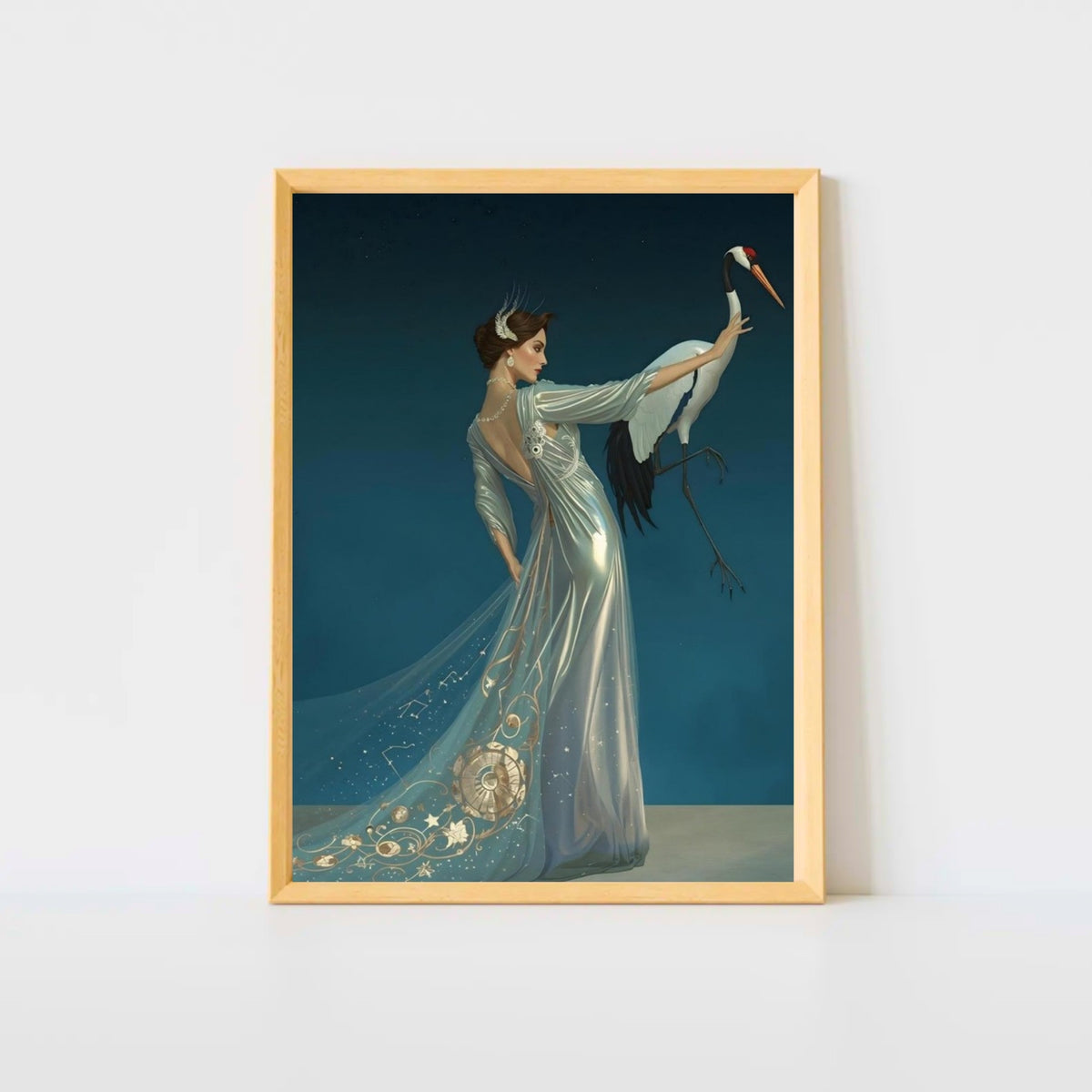 Celestial Elegance Crane & Stargazer Fine Art Poster – A Vision of Myth & Beauty
