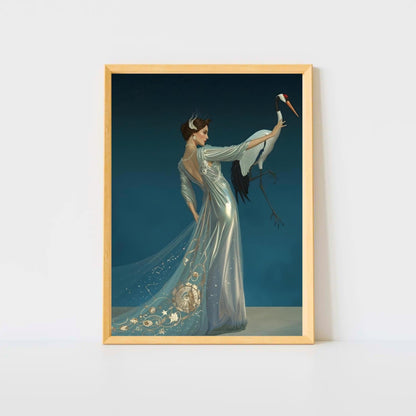 Celestial Elegance Crane & Stargazer Fine Art Poster – A Vision of Myth & Beauty