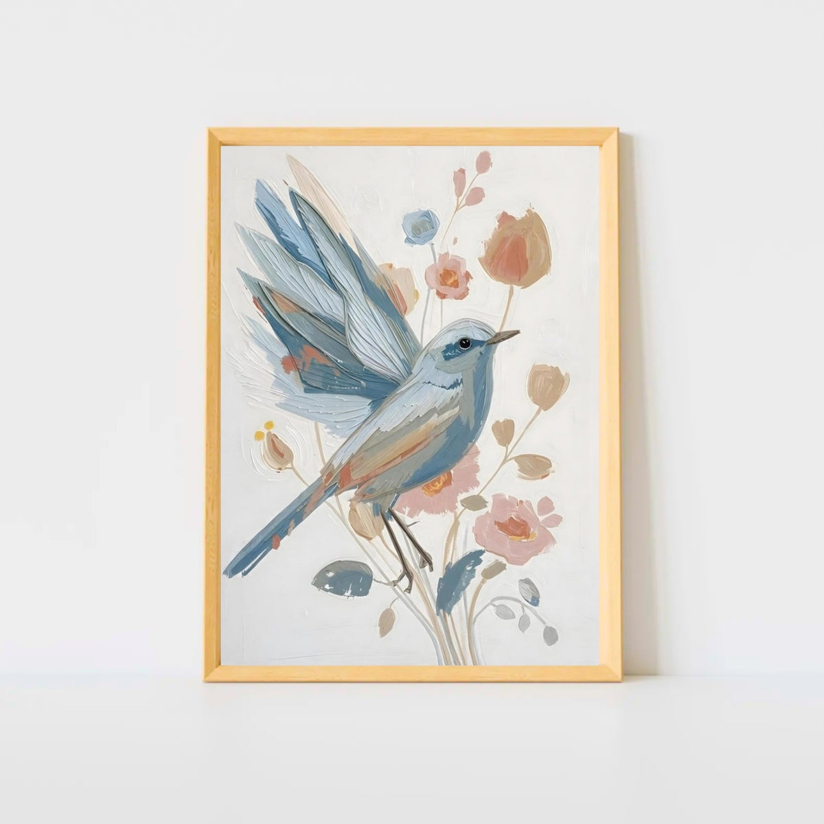 Abstract Impressionist Bird & Blossom Fine Art Poster - Soft Blue & Blush Hues