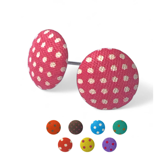 Polka Dot Fabric Button Stud Earrings 12mm Stainless Steel Handmade Colourful Jewellery