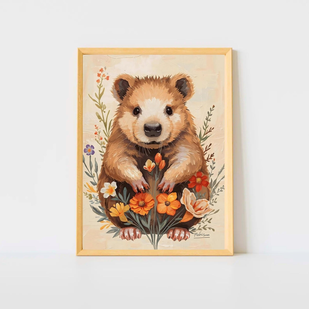 Charming Wildflower Critter Fine Art Poster in Warm Earthy Tones