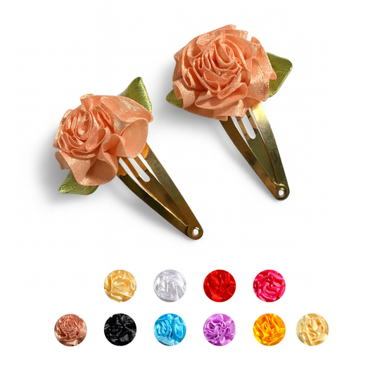 Flower Hair Clips Set of 2 | 25mm Ribbon Rose on Gold or Silver Snap Clips