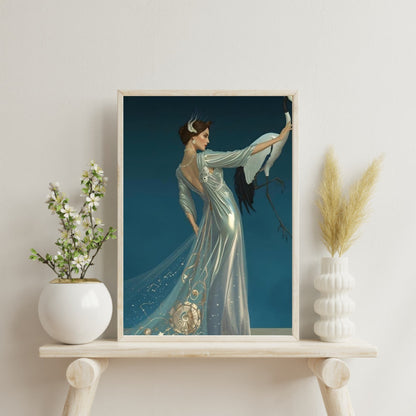 Celestial Elegance Crane & Stargazer Fine Art Poster – A Vision of Myth & Beauty