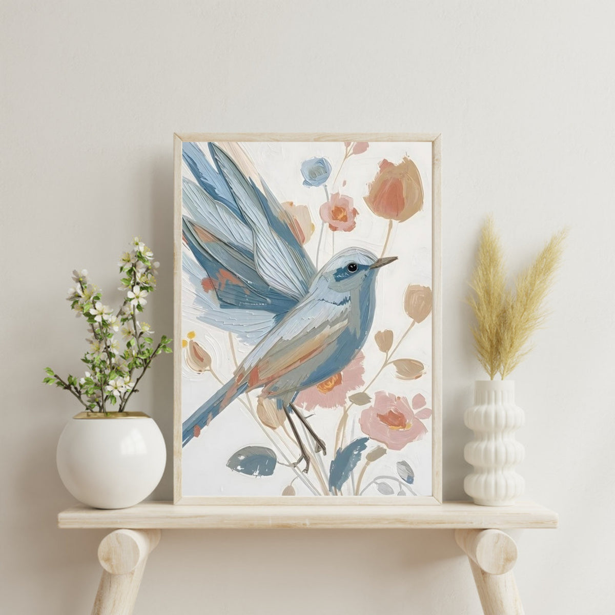 Abstract Impressionist Bird & Blossom Fine Art Poster - Soft Blue & Blush Hues