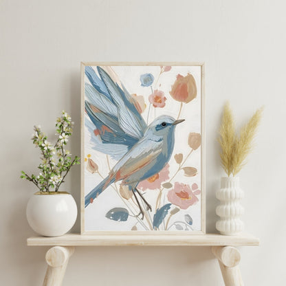 Abstract Impressionist Bird & Blossom Fine Art Poster - Soft Blue & Blush Hues