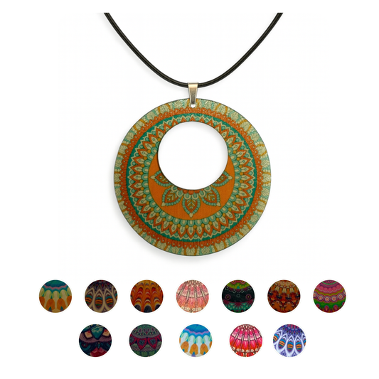 Boho Wooden Pendant Necklace – Printed Design with Black Nylon Chain