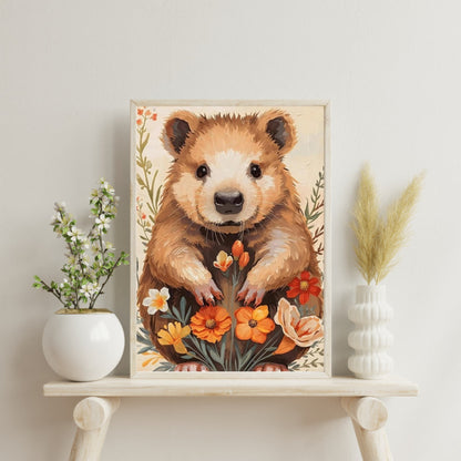 Charming Wildflower Critter Fine Art Poster in Warm Earthy Tones