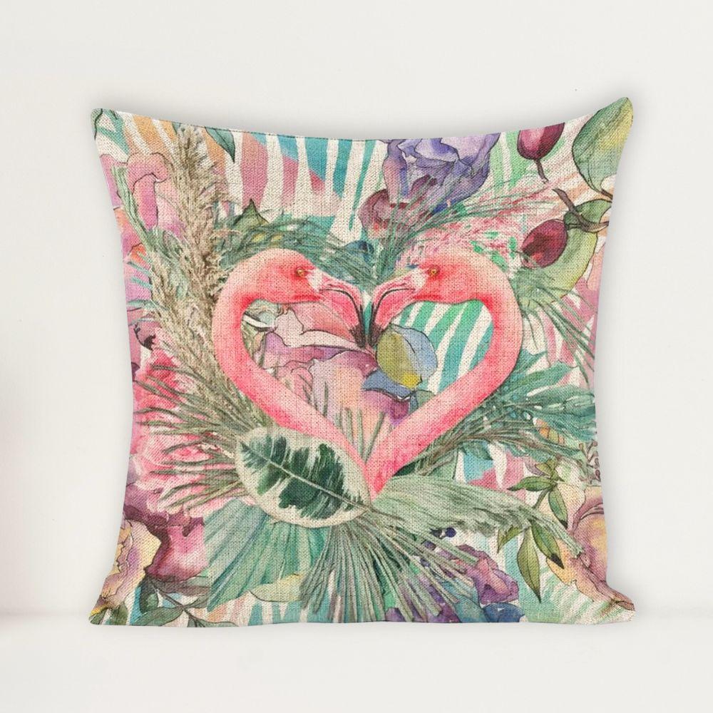 Flamingo Pair Linen Cushion Pillow Cover — Double-Sided Print, 45×45cm