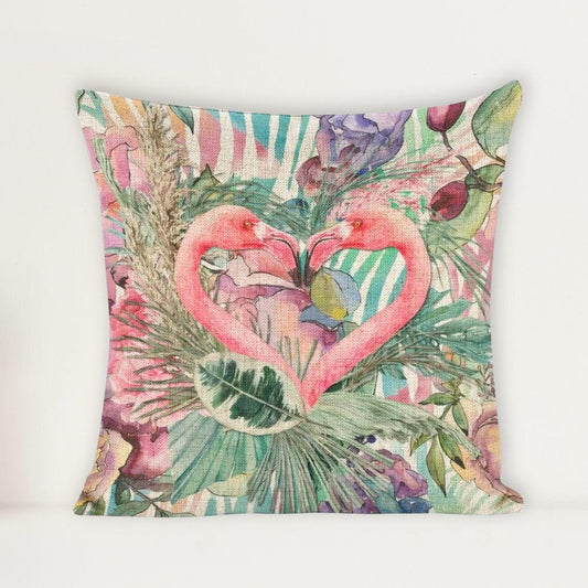Flamingo Pair Linen Cushion Pillow Cover — Double-Sided Print, 45×45cm