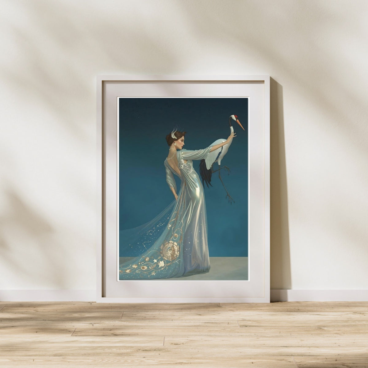 Celestial Elegance Crane & Stargazer Fine Art Poster – A Vision of Myth & Beauty