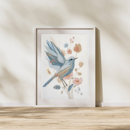Abstract Impressionist Bird & Blossom Fine Art Poster - Soft Blue & Blush Hues