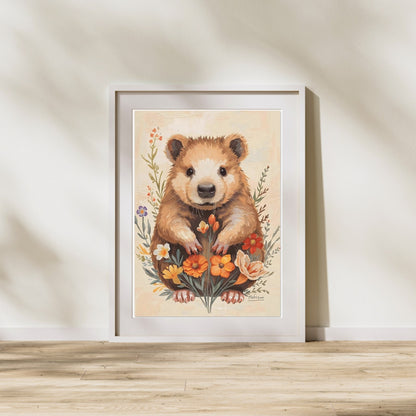 Charming Wildflower Critter Fine Art Poster in Warm Earthy Tones