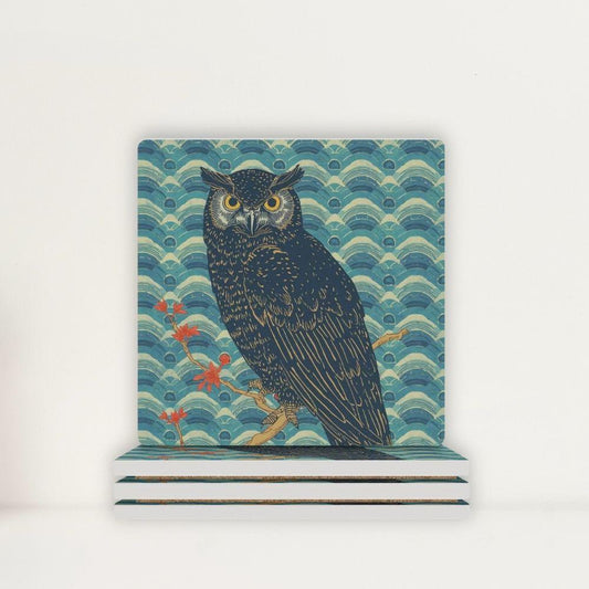 Majestic Owl Japanese Ukiyo-e Inspired Ceramic Coasters (Set of 4 or 6)