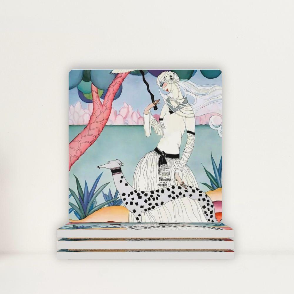 Gentle Companionship Vintage Inspired Lady & Dog Portrait Ceramic Coasters (Set of 4 or 6)