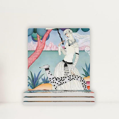 Gentle Companionship Vintage Inspired Lady & Dog Portrait Ceramic Coasters (Set of 4 or 6)