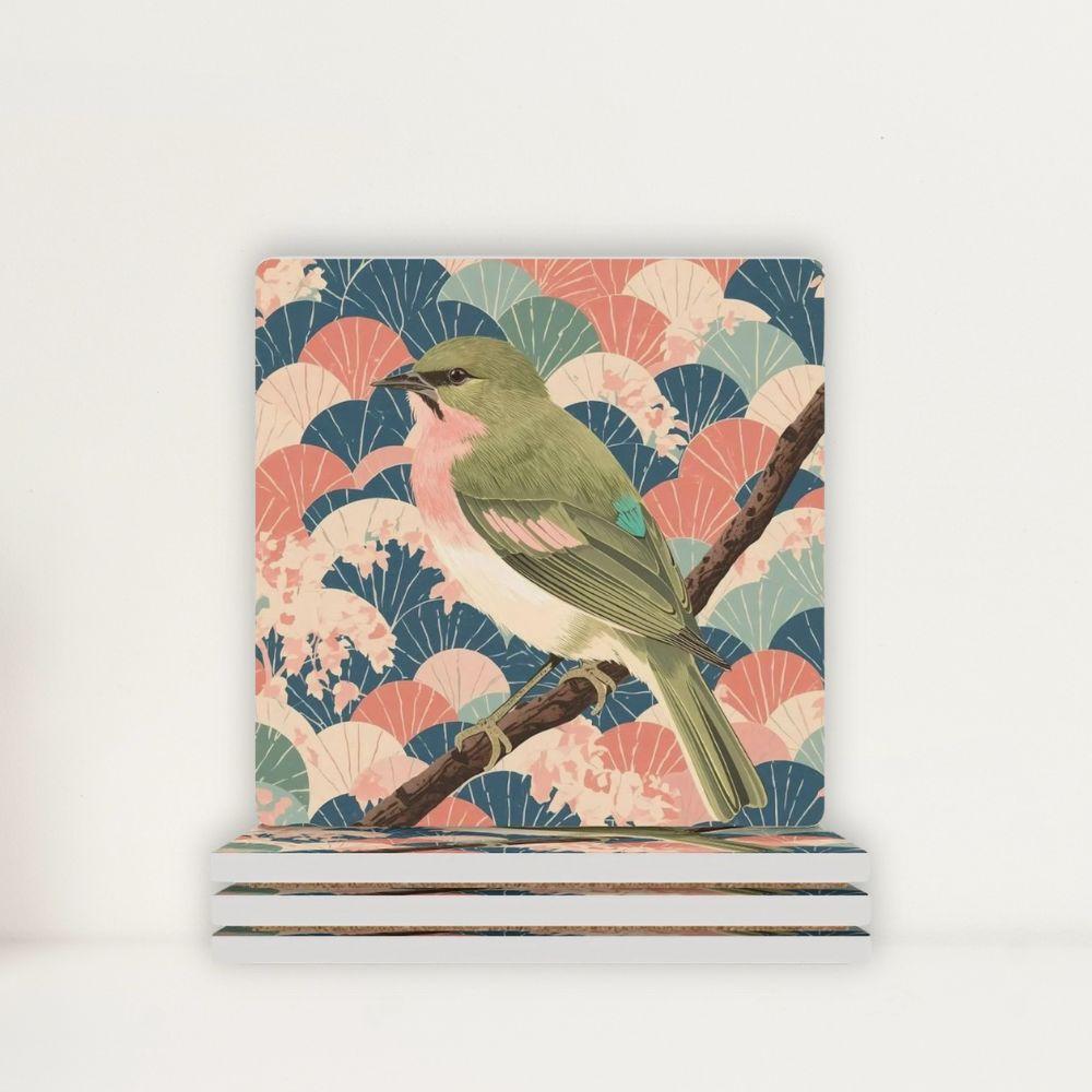 Songbird Serenity Japanese Ukiyo-e Inspired Ceramic Coasters (Set of 4 or 6)