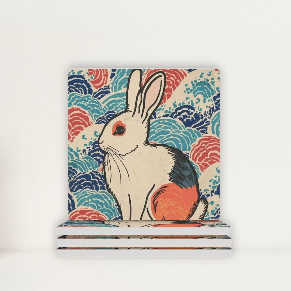 Vivid Rabbit Japanese Ukiyo-e Inspired Ceramic Coasters (Set of 4 or 6)