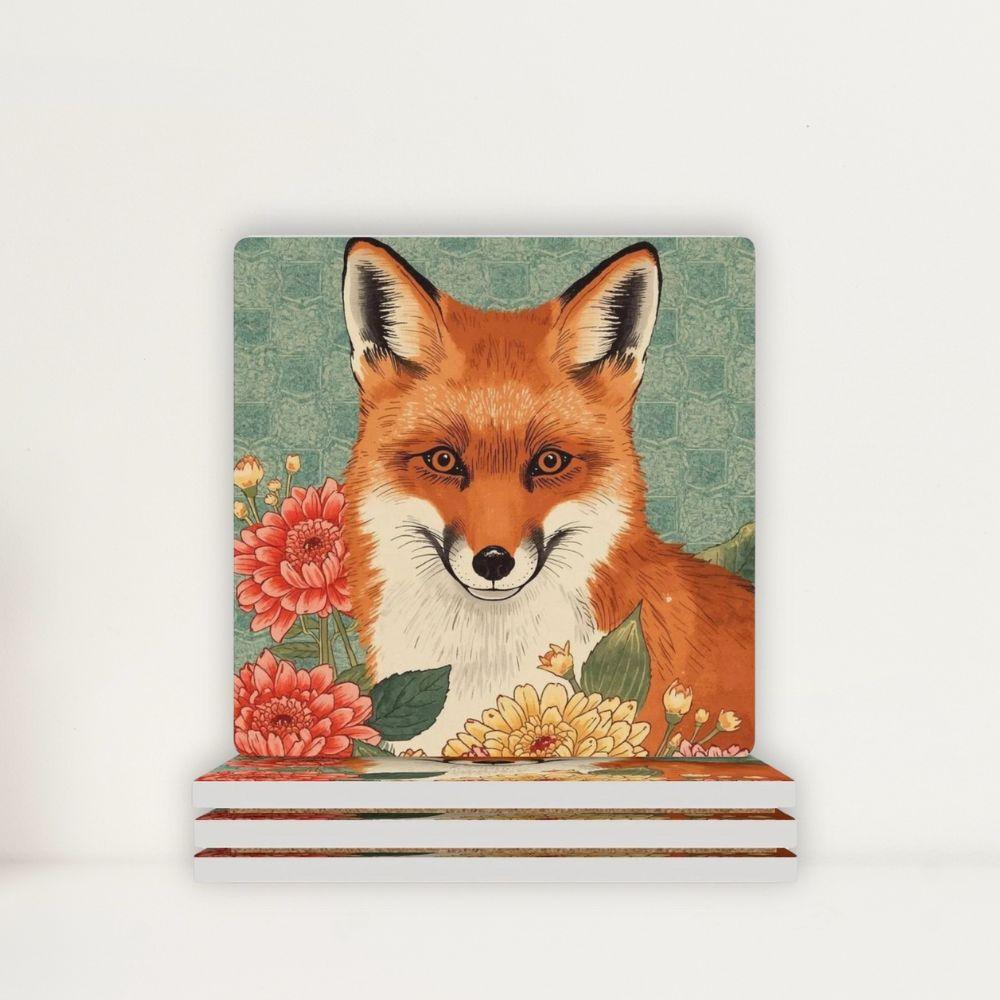 Floral Fox Japanese Ukiyo-e Inspired Ceramic Coasters (Set of 4 or 6)