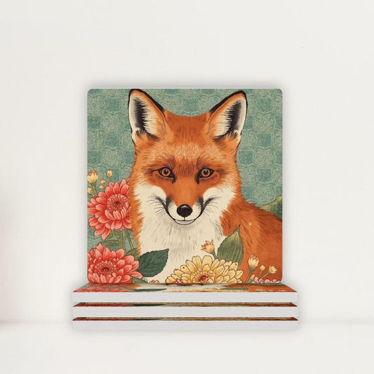 Floral Fox Japanese Ukiyo-e Inspired Ceramic Coasters (Set of 4 or 6)