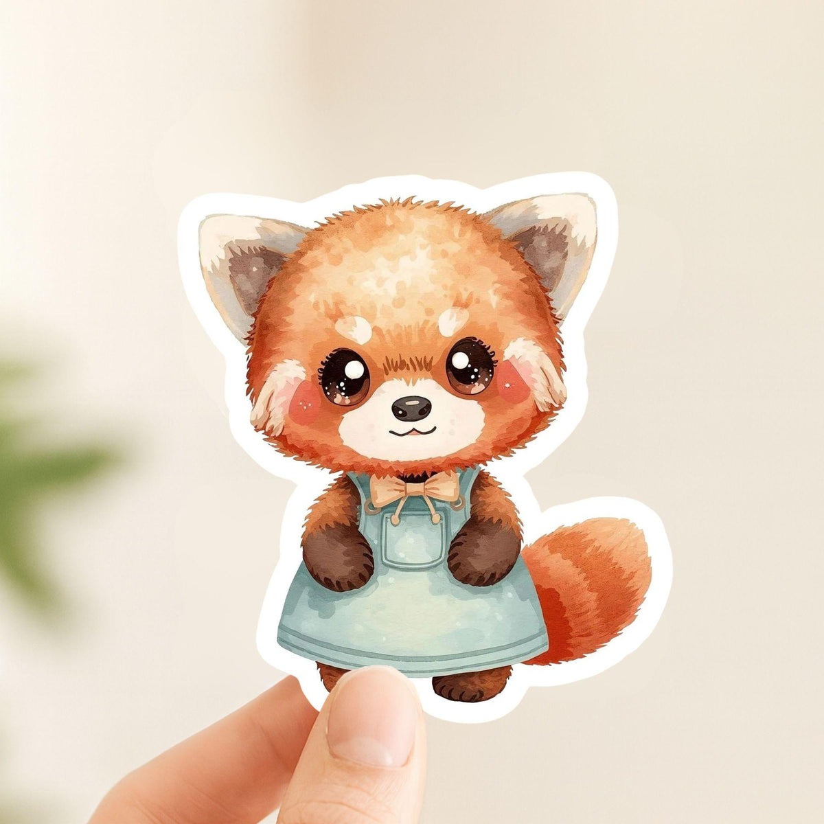 Red Panda in Dress Mint Green | Kawaii | White Gloss Vinyl | Die-Cut Sticker