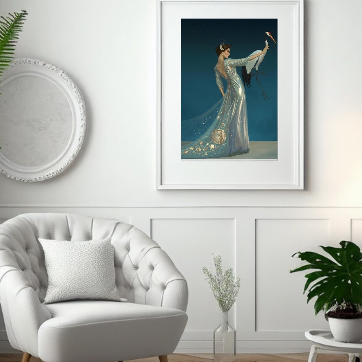 Celestial Elegance Crane & Stargazer Fine Art Poster – A Vision of Myth & Beauty