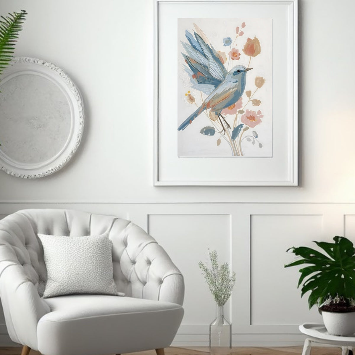 Abstract Impressionist Bird & Blossom Fine Art Poster - Soft Blue & Blush Hues