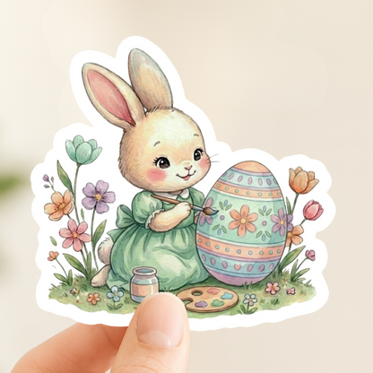 Easter Bunny Painting Spring Floral | Easter Decal | White Vinyl | Die-Cut Sticker