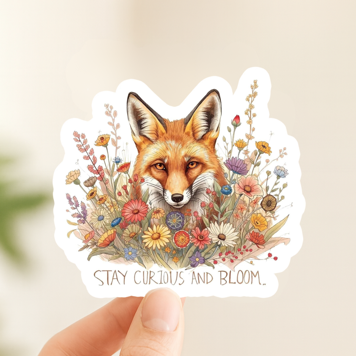 Stay Curious Fox in Wildflowers | Nature | White Gloss Vinyl | Die-Cut Sticker