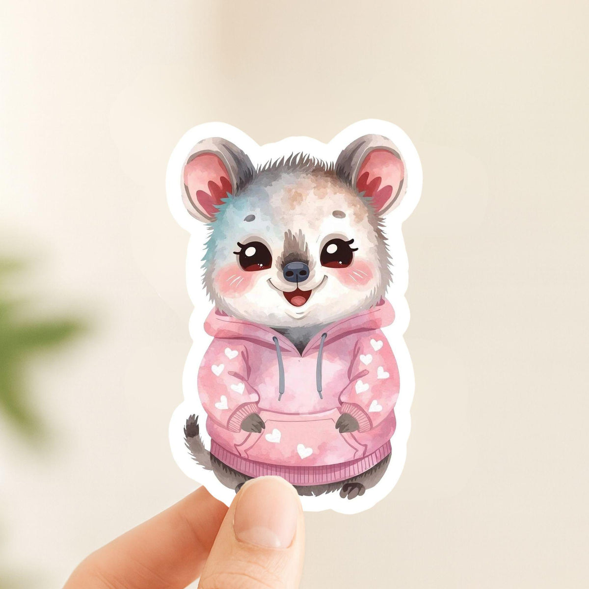 Quokka in Hoodie Pink Hearts | Kawaii | White Gloss Vinyl | Die-Cut Sticker
