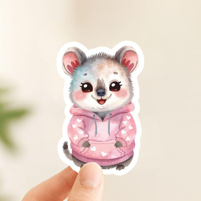 Quokka in Hoodie Pink Hearts | Kawaii | White Gloss Vinyl | Die-Cut Sticker