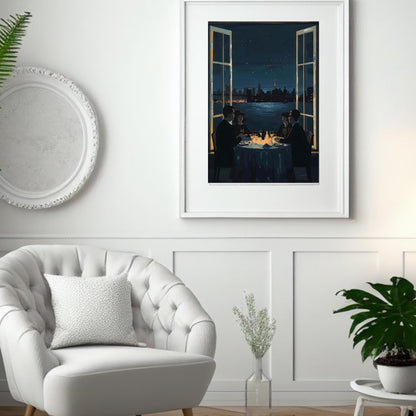 Midnight Rendezvous Fine Art Poster - Evocative Cityscape Dining Art Print