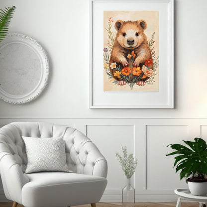 Charming Wildflower Critter Fine Art Poster in Warm Earthy Tones