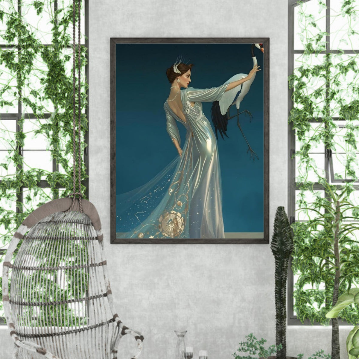 Celestial Elegance Crane & Stargazer Fine Art Poster – A Vision of Myth & Beauty