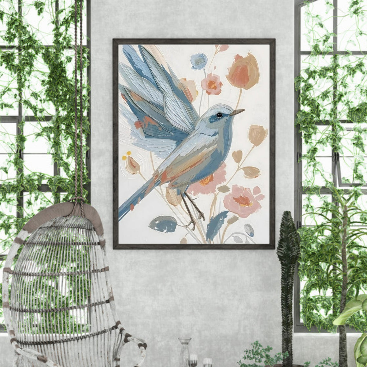 Abstract Impressionist Bird & Blossom Fine Art Poster - Soft Blue & Blush Hues