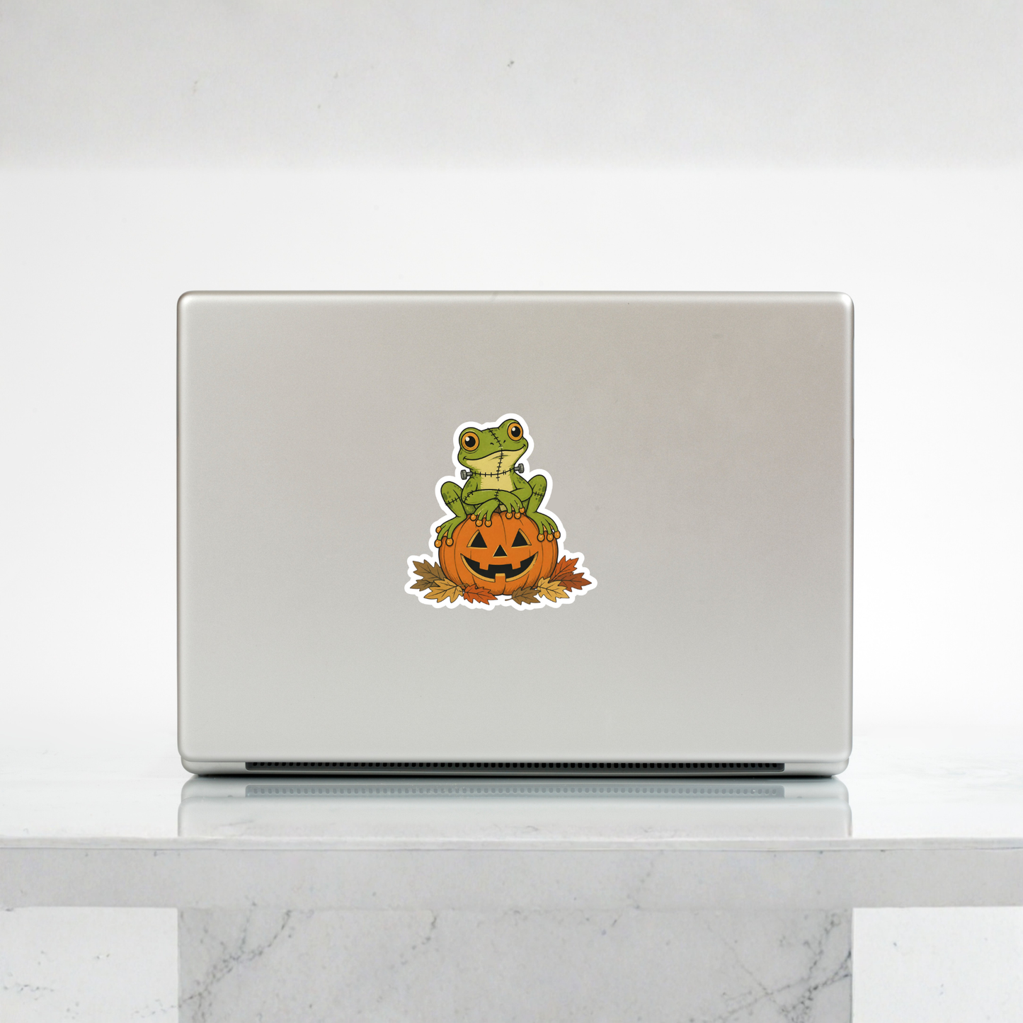 Franken-Frog on Jack-O'-Lantern | Halloween Vintage | White Vinyl | Die-Cut Sticker