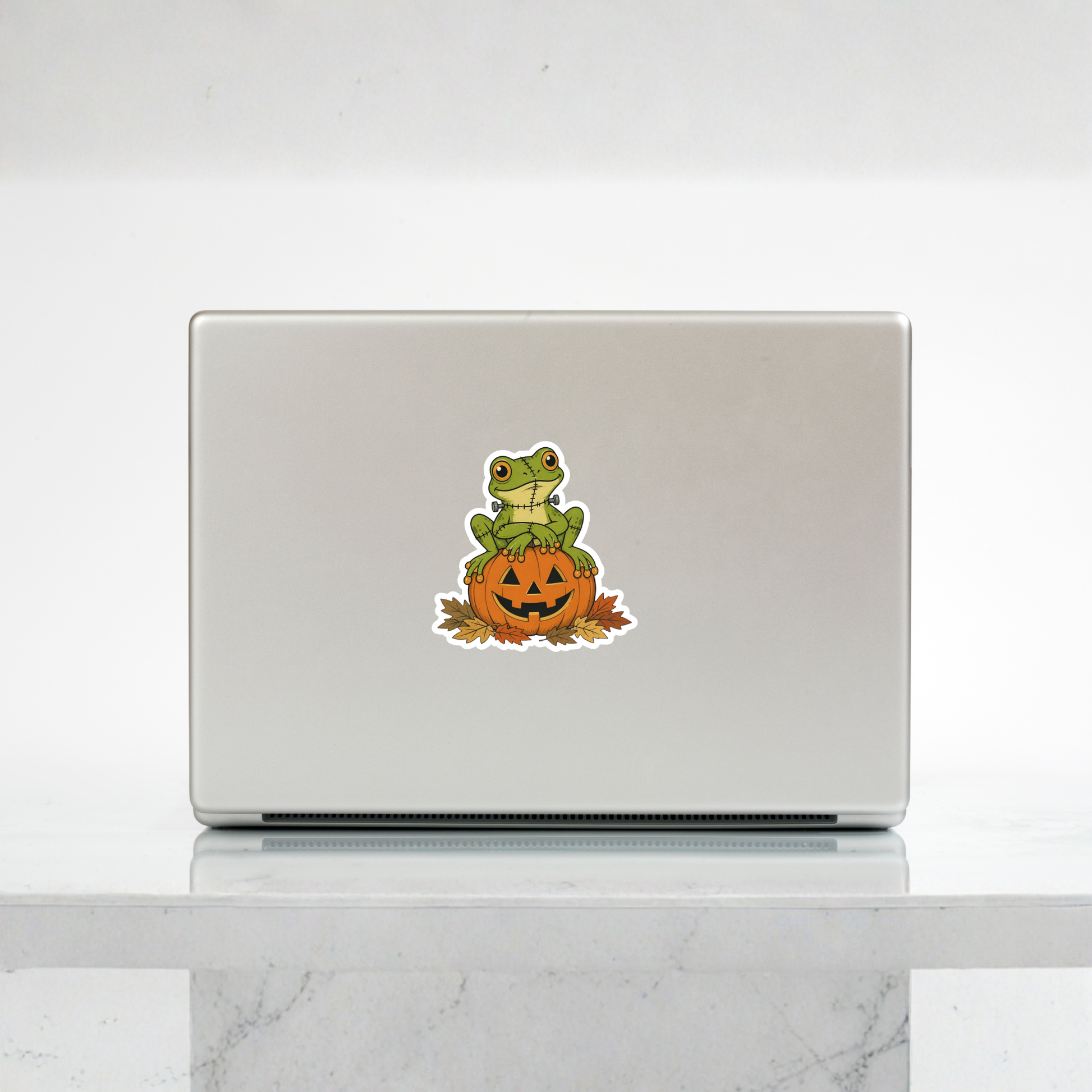 Franken-Frog on Jack-O'-Lantern | Halloween Vintage | White Vinyl | Die-Cut Sticker