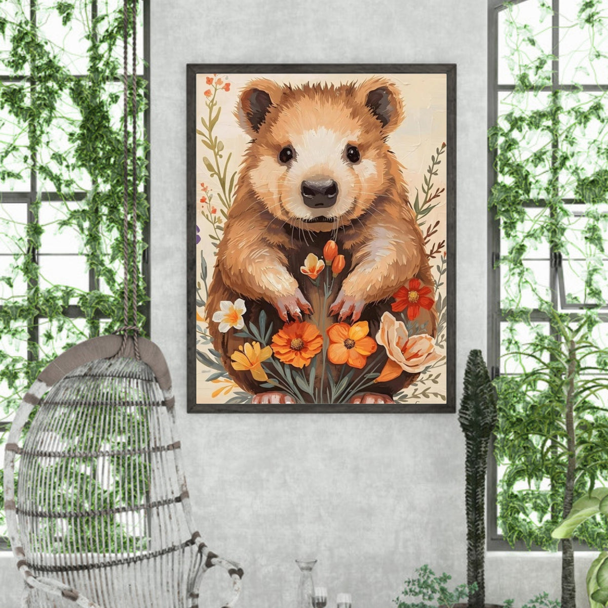 Charming Wildflower Critter Fine Art Poster in Warm Earthy Tones