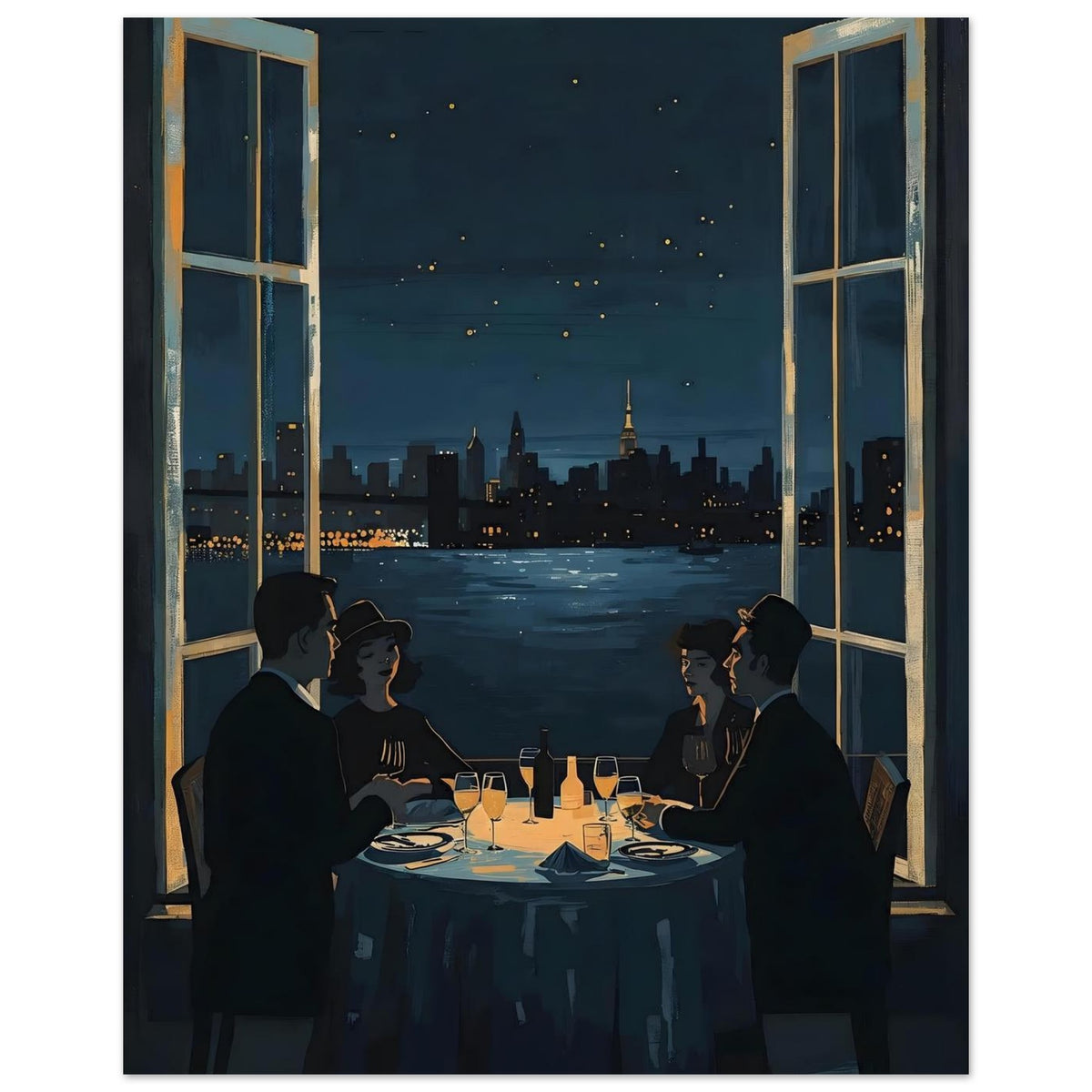 Midnight Rendezvous Fine Art Poster - Evocative Cityscape Dining Art Print 20x25 cm 8x10″