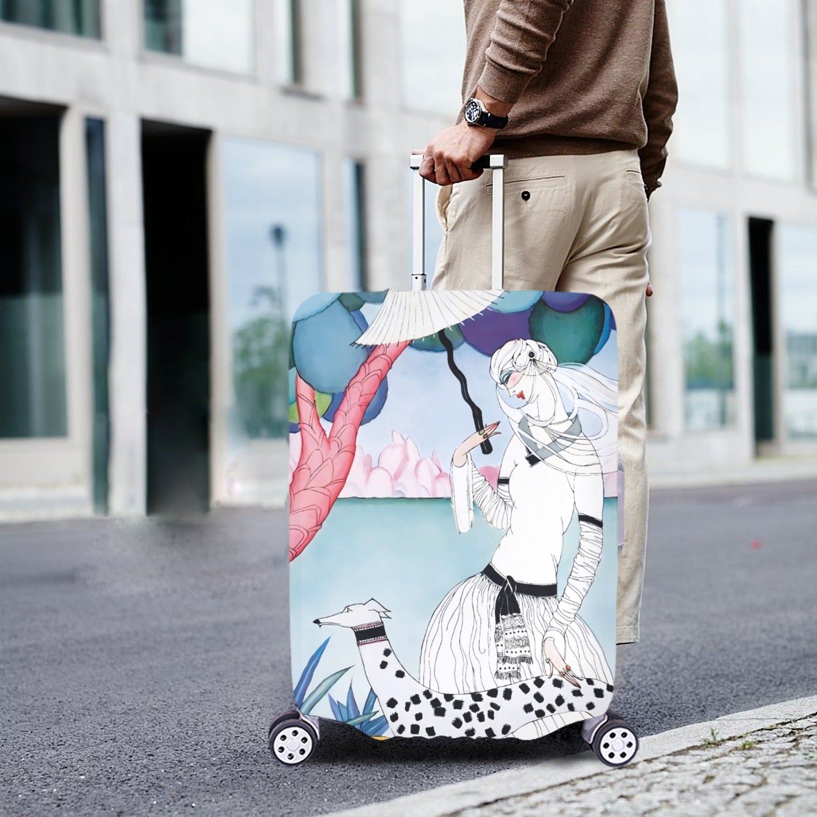 Art Nouveau Lady & Spotted Hound Luggage Cover | Whimsical Illustrated Travel Protector | Stylish Suitcase Cover